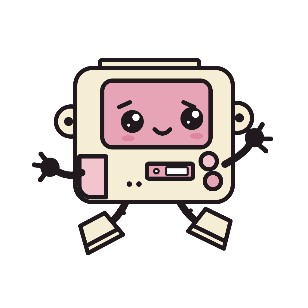 VECTE, a small cream-colored retro robot with a pink screen face, waving one arm mid-jump